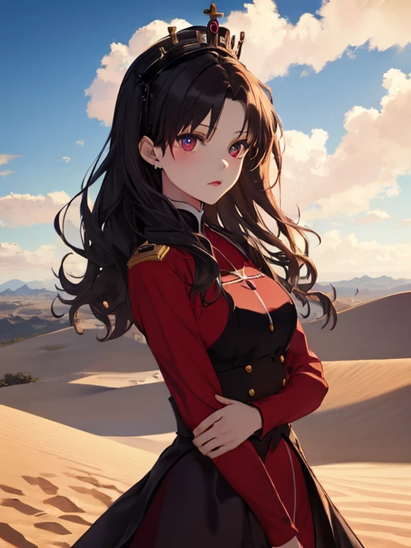 desert, Queen, princess, crown, Queen, (masterpiece), highest quality, Tohsaka Rin, 1girl, uhd, retina, masterpiece, ccurate, anatomically correct, textured skin, super detail, high details, high quality, best quality, highres, 4K