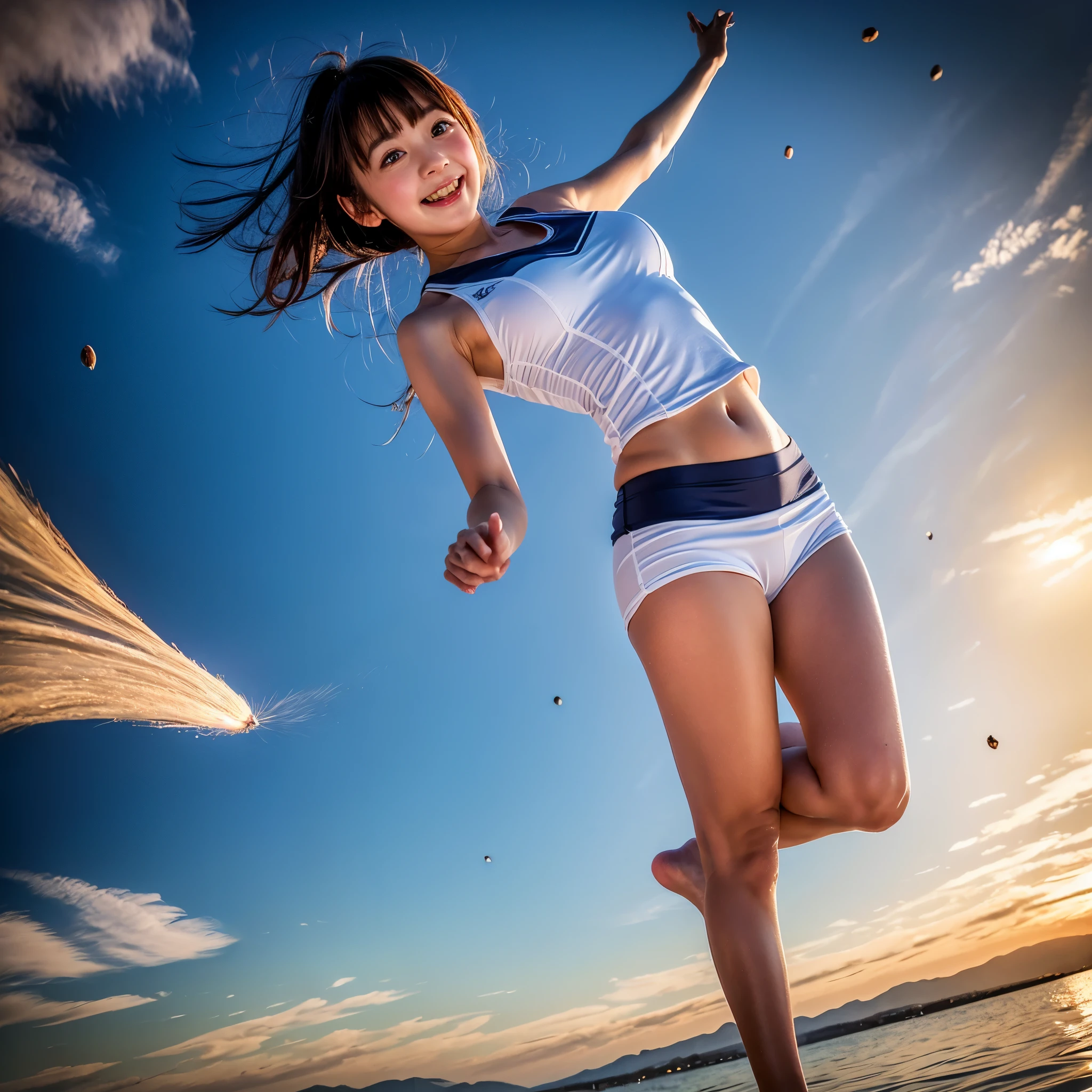 ((ExtremelyDetailed ( KAWAII Girl Floating in the Air:1.37) in WHITE at Dusk Enoshima Beach)), (masterpiece 8K TopQuality) (ProfessionalPhoto:1.37), {(Standing Full Body:1.2)|(from below:1.2)}, Different types of hair colors, {(White skinny(School Swimwear))|(SchoolUniform with WhiteSkinny LowRise shorts)}, {Detailed Childish hand|Hidden hand|Armpit|Different types of breasts of various sizes from HUGE to FLAT|(Clearly Visible the shape of Butt)}, Joyful Expressions LifeLike Rendering, PerfectLighting, Dazzling Horizon {Colorful Clouds | Starry IridescentParticles}