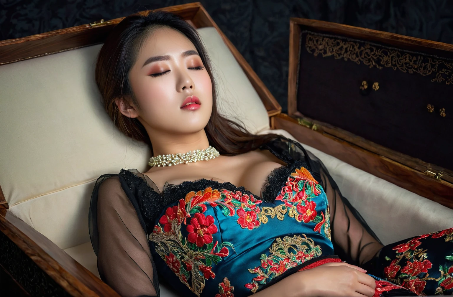 In a striking 8K HDR scene, a stunning Korean woman, 22 years old, lies peacefully in a black coffin surrounded by plush pillows. The deep box is set against a rich black background, accentuating the beauty of the subject. Her exquisite kebaya with sleeve attire is embroidered with superb detail, showcasing her round and firm breasts, perfect cleavage, and beautiful eyebrows. Her closed eyes and mouth give an air of serenity, while her visible and absolute cleavage leave nothing to imagination. The scene is bathed in saturated colors, highlighting every intricate aspect from the ball skirt to her clean face, straight body, detailed hand perfect hands, straight body.
