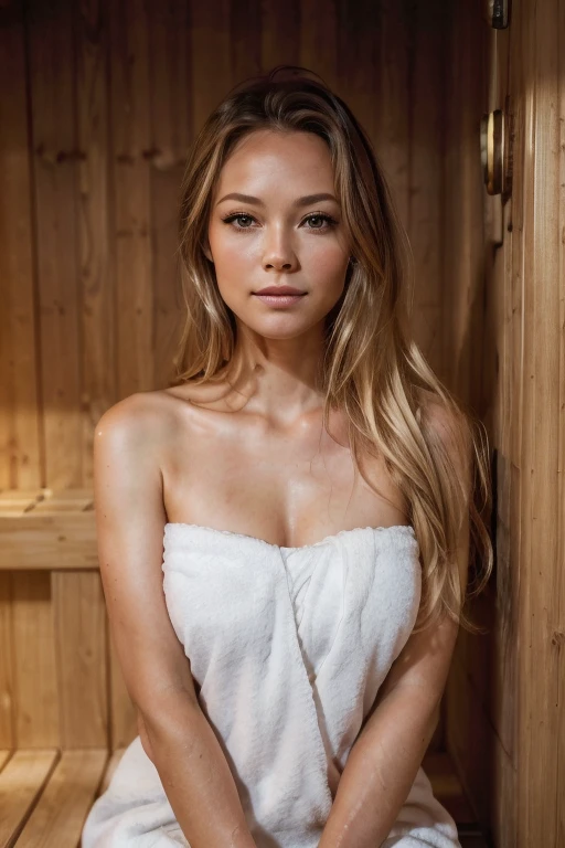 (high quality, realistic:1.2), portrait, beautiful flowing hair, beautiful Becki Newton, inside_sauna, wearing towel, kneeling, hot, (sweaty:1.2), steamy, detailed eyes, luscious lips, sensual gaze, luxurious texture, shimmering highlights, soft shadows, subtle smile, impeccable makeup, perfect skin tone, varied golden hues, mesmerizing presence, extraordinary attention to detail, immaculate shading, flawless complexion, expressive eyebrows, long eyelashes, graceful pose, stylish and confident demeanor, striking contrast, professional photography, rich color palette, subdued lighting, subtle bokeh effects, glowing complexion, meticulously crafted features, exquisite realism, artistic sophistication, midshot.