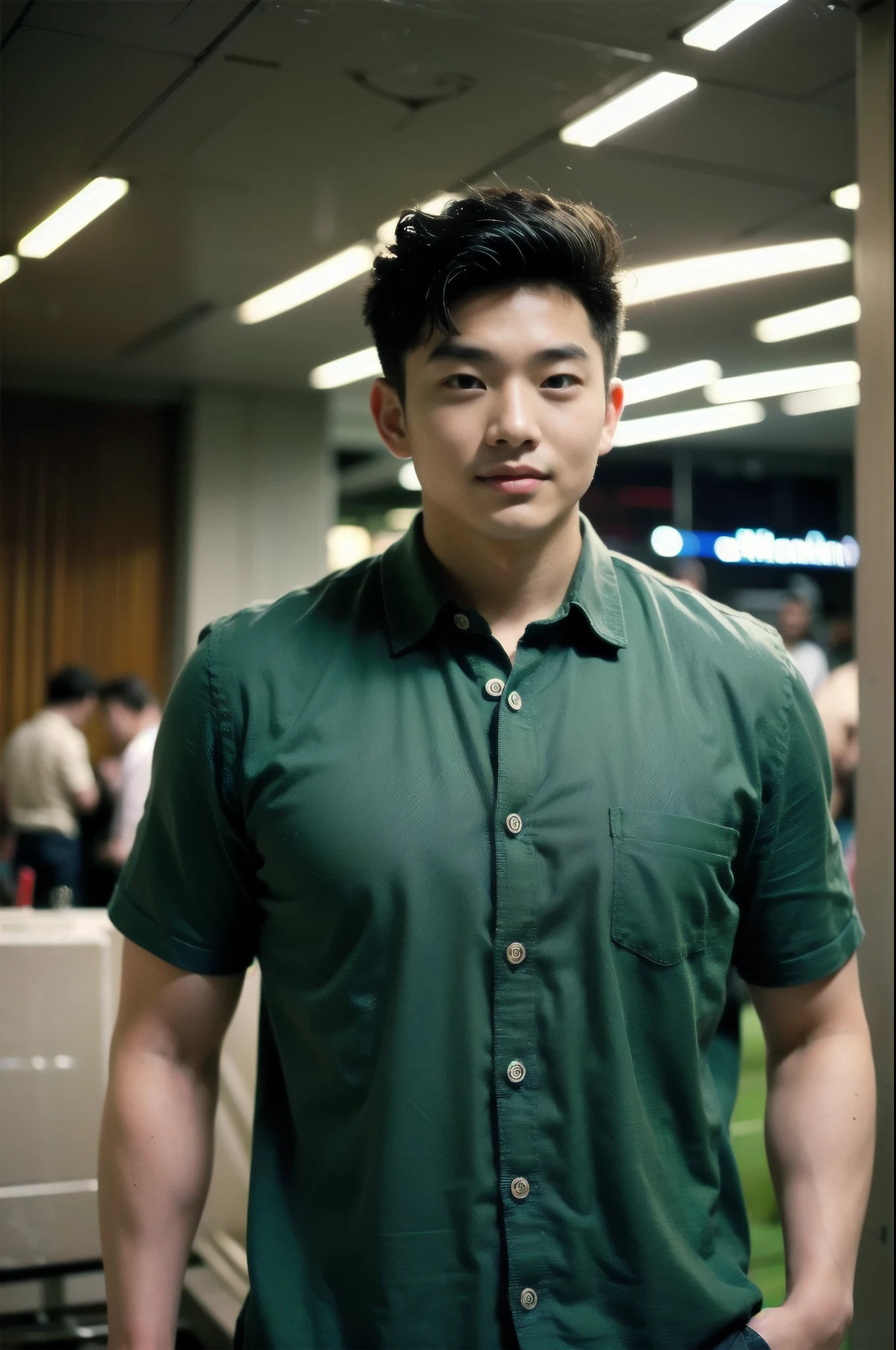 A young Asian man with large muscles looks at the camera. In a dark green button-up shirt. , Department store normal lighting
