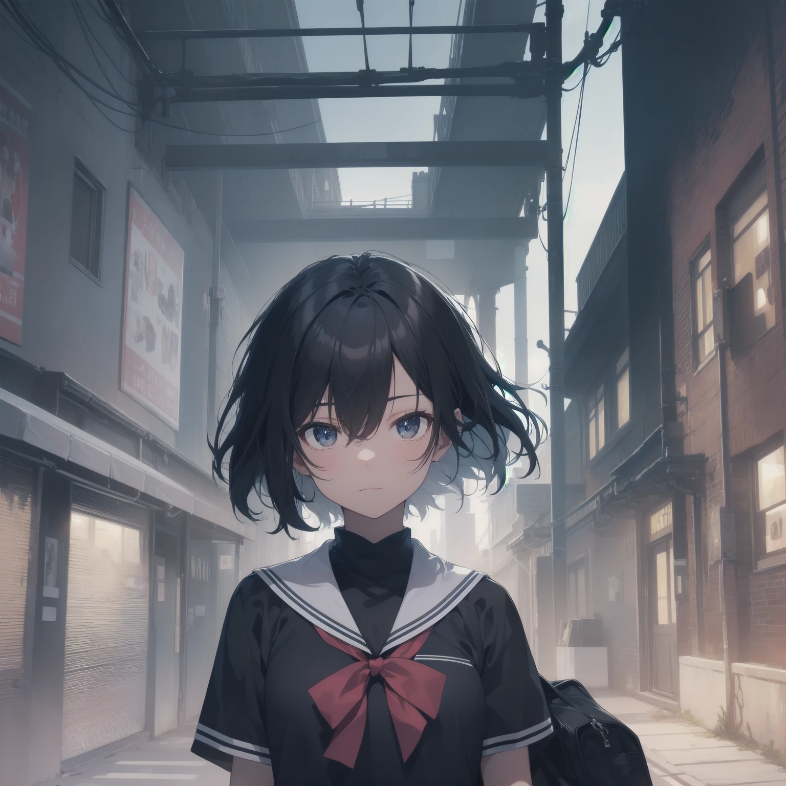 ultra-absurdres-Top quality by artist God, ultra-detailed, high resolution, anime moe artstyle, best anime 8k konachan wallpaper, pixiv contest winner, pool:2810, perfect anatomy,break, 1girl, (Please draw a girl walking sleepily to school alone. )break,(Solo,little female, 13-year-old:1.3),Full limbs, complete fingers,a junior high school student, (very short hair), short cut, flat chest, , small butt, small black eyes, beautiful detailed eyes, well-proportioned iris and pupils, expressive eyes, highres detailed hair, soft expression, salor school_uniform, sailor collar, serahuku, bow, pleated skirt,(Detailed Lighting), (Detailed background), in the School commute route. break,super detailed skin, Best cinematic lighting powered by famous artist, 8k,beauty illustration,photoshop_(medium),very aesthetic,break,((artist:miyo_(ranthath) )), artist:clamp ,artist:carnelian ,artist:kantoku ,