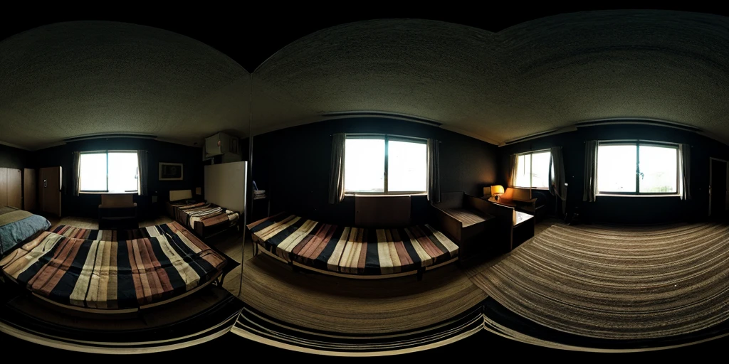 Equirectangular 360-degree panorama view photo with left and right ends seamlessly connected. Underexpose Lighting, dark, night, room