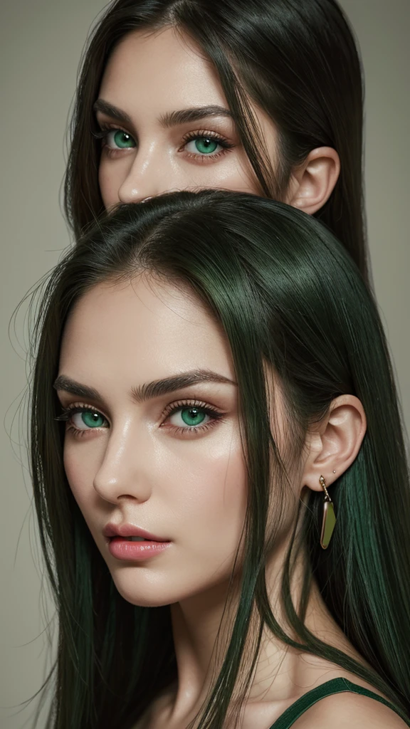 Portrait, a woman, European, extremely detailed face, extremely attractive eyes, very white skin, dark and arched eyebrows, very long hair, straight, flowing hairstyle, green hair, seductive dull eyes, earrings, green eyes, gentle red lips