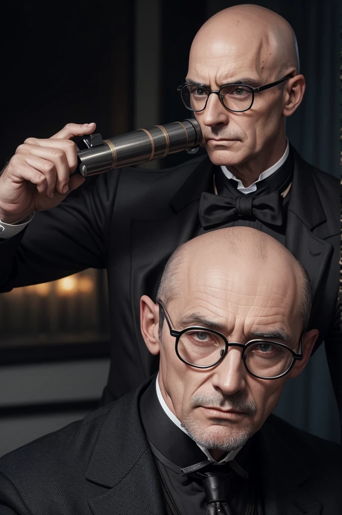 Dr. Steel, bald, in dark black glasses, Make Older, 30 years, thin, naked, passion, lust, correct anatomy, Victorian era, The most realistic face, realistic body, detailed face, against the background of a telescope