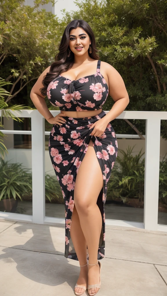 onali thakur Indian beautiful actress curvy plus size hour glass bulky huge figure woman, closeup camera view, big huge m-cup breast, wearing Women's Plus Size Summer Allover Floral Printed Tank Top Color: Pink , covered Bust , elegant standing position, eye contact view, different style hairstyle, bright eyes, thin eyebrows, fair skin, blushing cheeks, prefect head to toe view, full body, and expansive views, ideal for high-fashion or editorial shoots, ultra realistic skin texture, head to toe view, full body shot, full body view, smile face, black hair, Indian face, perfect skin tone light, ultra realistic skin texture, bigger waist, busty, big hips, fleshy thighs, thick thighs, busty, full body view, Modern Art Museum: Sleek, contemporary architecture and art pieces.