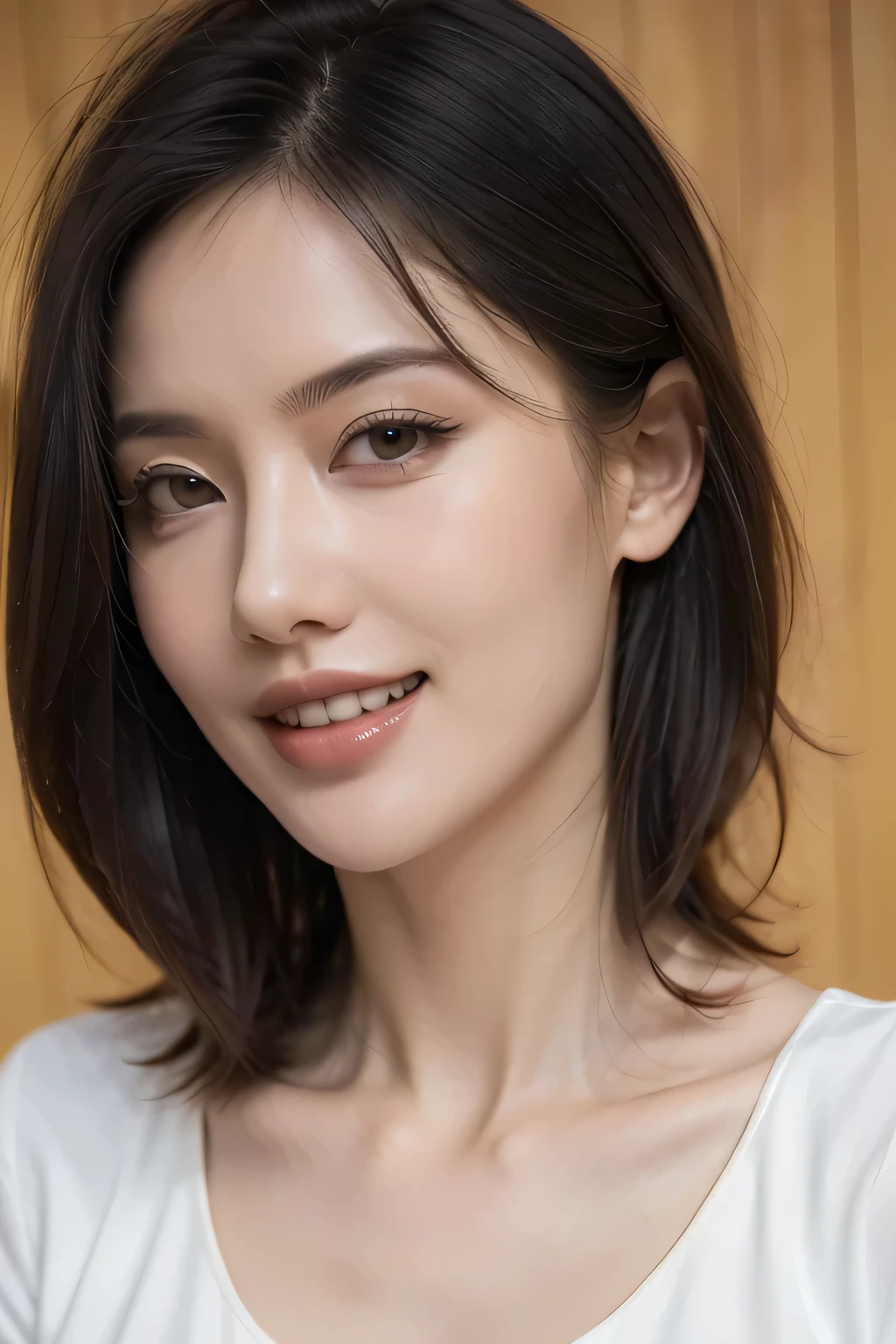 ((masterpiece)), ((Highest quality)), ((Complex)), ((Surreal)), (Realistic), (Mature Woman), ((There are no classes)), Very detailed, (1 female), Beautiful and exquisite, (Beautiful Teeth), Grin, Brunette Bob Hair, Brown eyes, ((blouse)), (Upper Body), (background:none), Perfect Eyes, Captivating eyes, Looking at the audience