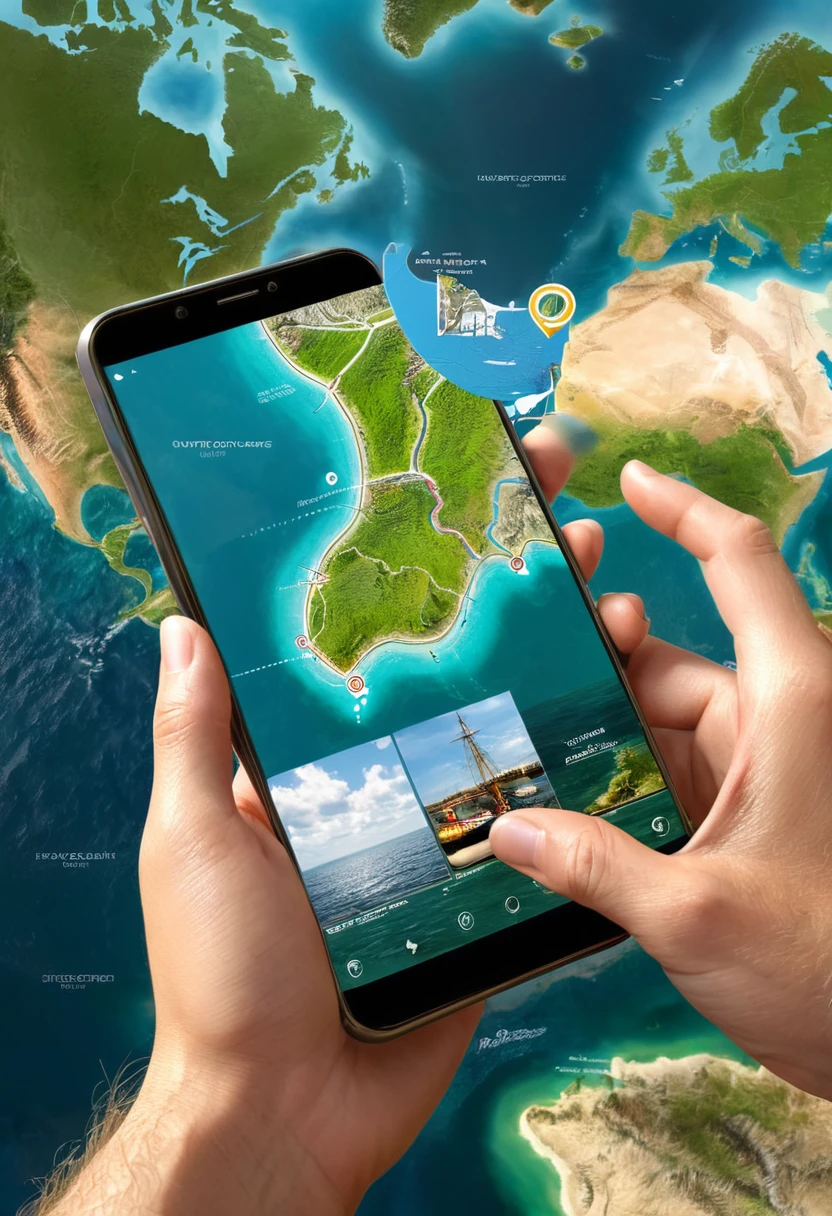 It's very realistic, with a smartphone in your hand and a map displayed on the smartphone screen, Signs of a fantastic landscape in the depths of the berth