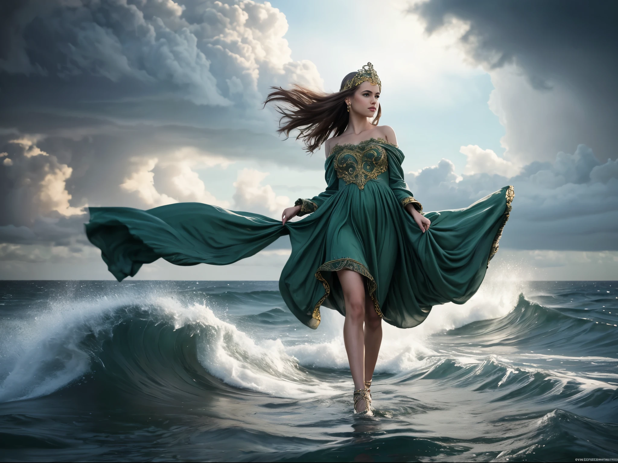 1girl, full body, green dress, walking on water, very long hair, colossal hurricane, stormy sea, swirling wind, crashing waves, fury ocean, cinematic lighting, (masterpiece:1.4), traditional clothing, detailed face, ornate headpiece jewelry, looking at viewer, dangle earring, official art, soft clothes, costumes fluttering in the wind, super detailed, beautiful and aesthetic, top quality, grand, bold composition, glitter, high definition,