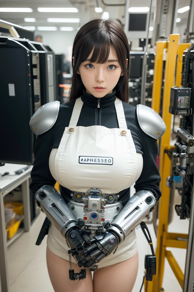 masterpiece, best quality, extremely detailed, Japaese android girl,Plump , hug,control panels,android,Droid,Mechanical Hand, Robot arms and legs, Black hair,Blunt bangs,perfect robot girl,long tube,thick cable connected her neck,apron,android,robot,humanoid,cyborg,japanese cyborg girl ,robot-assembly plant,She is assembled now,assembly scene,chest monitor,blue eyes