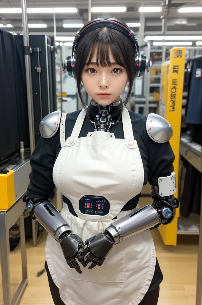 masterpiece, best quality, extremely detailed, Japaese android girl,Plump , hug,control panels,android,Droid,Mechanical Hand, Robot arms and legs, Black hair,Blunt bangs,perfect robot girl,long tube,thick cable connected her neck,apron,android,robot,humanoid,cyborg,japanese cyborg girl ,robot-assembly plant,She is assembled now,assembly scene,chest monitor,blue eyes