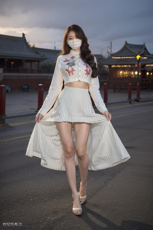 ((original photography:1.2))，Photographed by mobile phone，RAW photos,Night view of Beijing，violent storm，1 Girl, Perfect body，Full body portrait，Fashion的头发, Very long hair, delicate eyes, Side Light, Sweating，With a mask, huge collar，Huge breasts，Fashion的衬衫，Tight long skirt，(intricate shirt、Colorful、embroidery、stripe、pattern、Fashion、Hollow)，Long slender legs