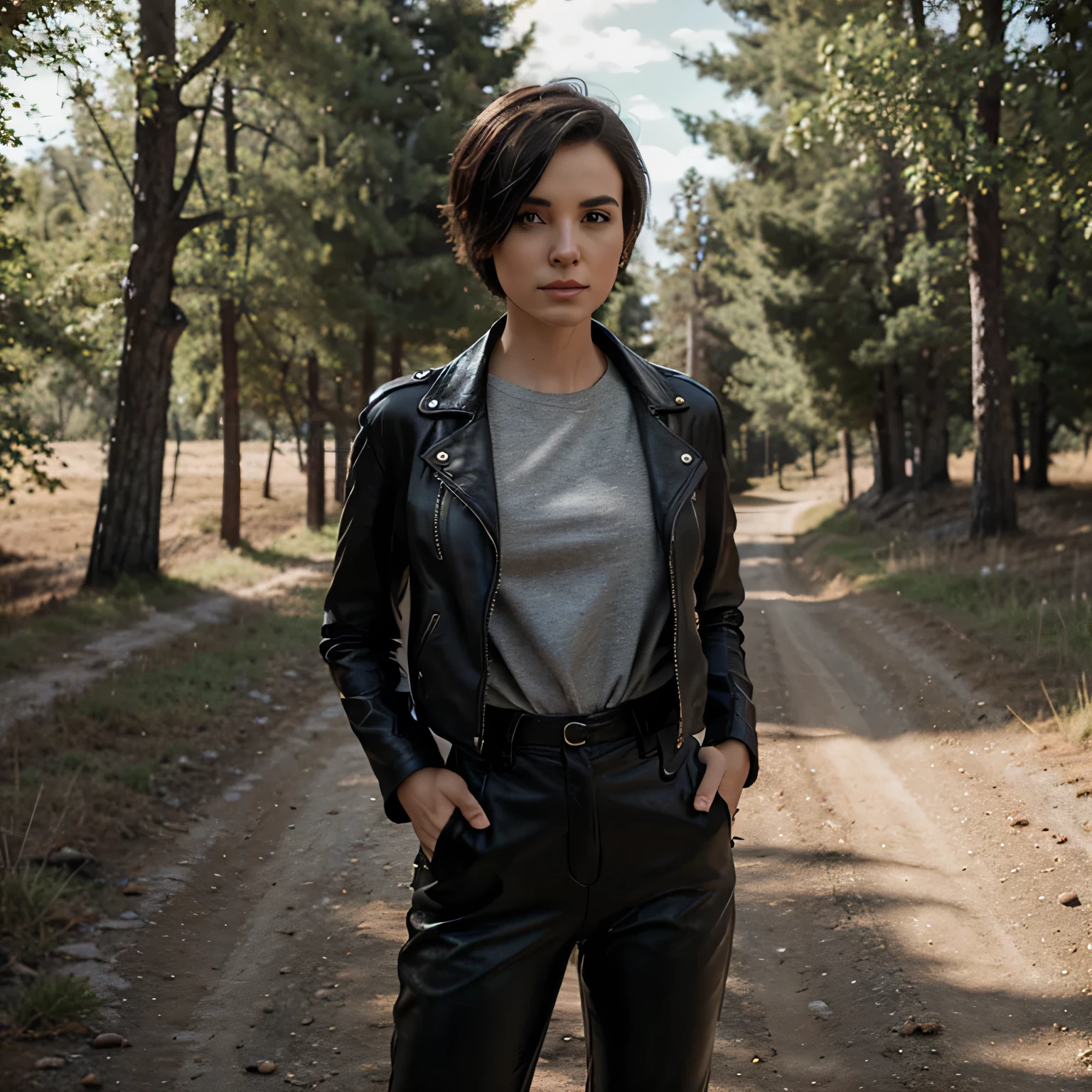 woman, MEDIUM SHORT HAIR, with black leather jacket and pants, standing on the dirt road with trees in the background, in a scenic background, 8K.