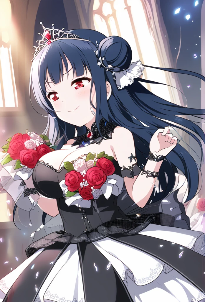 Yoshiko Tsushima Blue Hair Red Eye Semi-long hair One-sided bun hairstyle Black Wedding Dress Bouquet of red roses Red rose decorated dress smile Huge breasts Cleavage church Tears of joy tiara Tears Shining