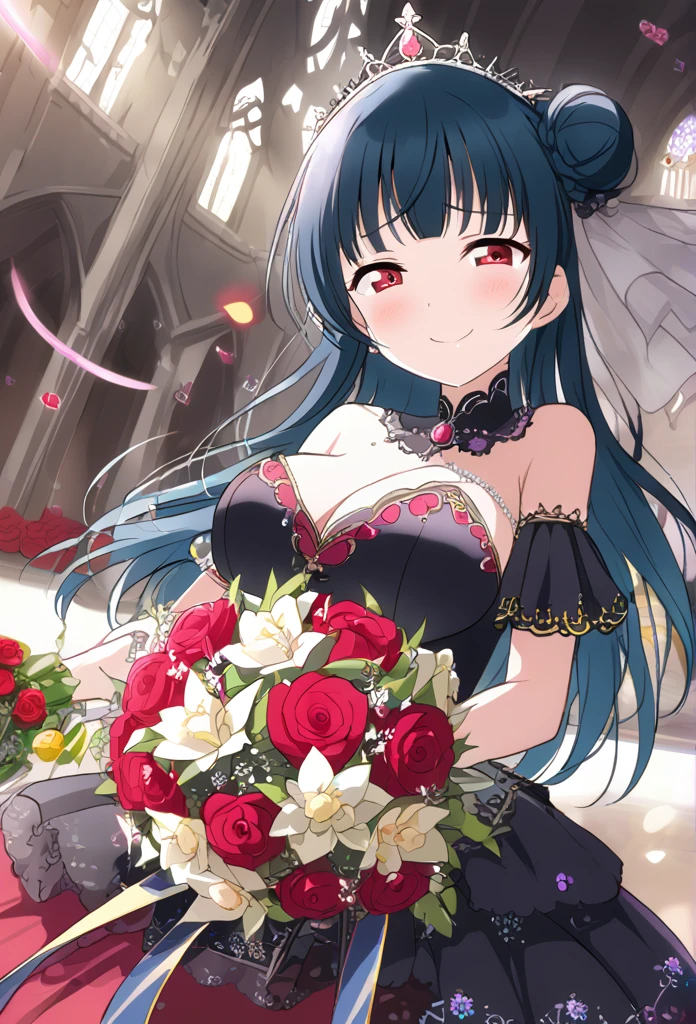 Yoshiko Tsushima　Blue Hair　Red Eye　Semi-long hair　One-sided bun hairstyle　Black Wedding Dress　Bouquet of red roses　Red rose decorated dress　smile　Huge breasts　Cleavage　church　Tears of joy　　　tiara　Tears　Shining