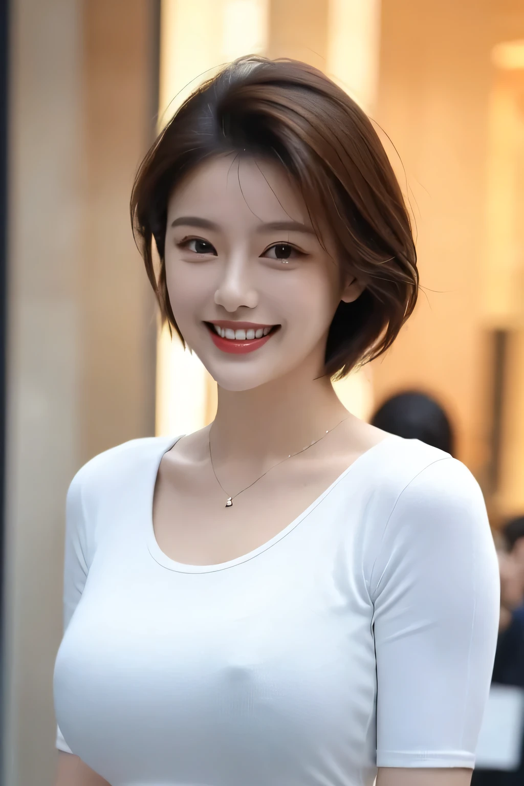 ((masterpiece)), ((Highest quality)), ((Complex)), ((Surreal)), (Realistic), (Mature Woman), ((There are no classes)), Very detailed, (1 female), Beautiful and exquisite, (Beautiful Teeth), Grin, Brunette Bob Hair, Brown eyes, ((blouse)), (Upper Body), (background:none), Perfect Eyes, Captivating eyes, Looking at the audience