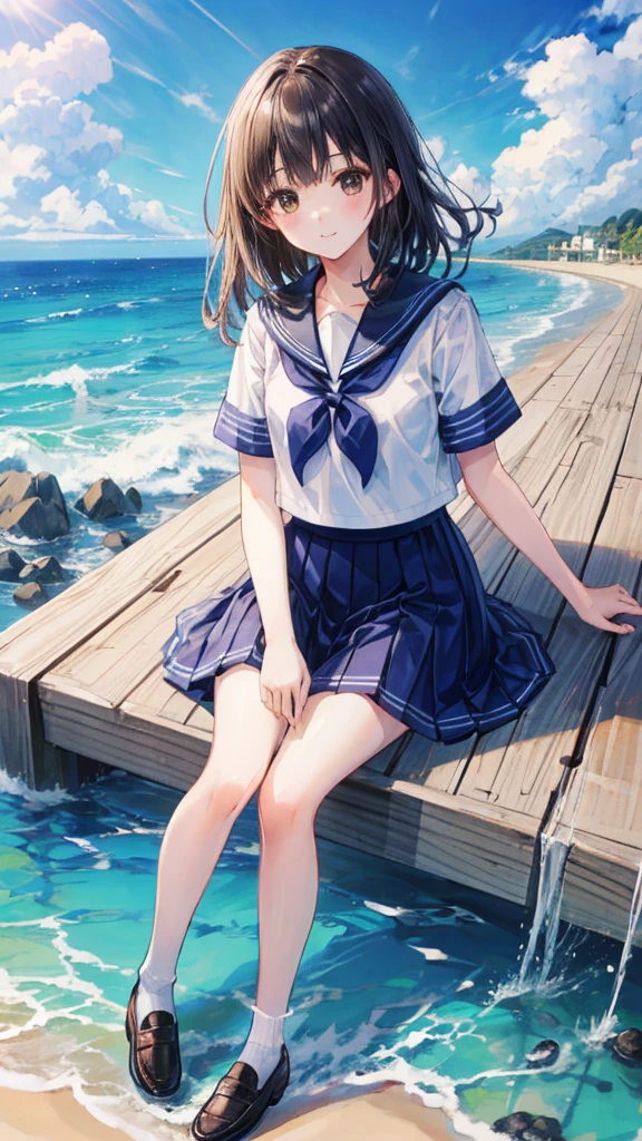 ((最high quality, 8K, masterpiece: 1.3, Ultra HD, high quality, 最high quality, High resolution, realism)) 、Very beautiful 18 year old Japanese schoolgirl、I'm wearing a sailor suit、Wearing a navy blue pleated skirt、Wear loafers、Hair is light brown、black eye、Medium Hair、Straight hair、smile、sit on a high breakwater on the beach、The blue sky is beautiful、There is a road in front of the breakwater....、The sea is beautiful、Beautiful horizon、 An island is visible offshore、Entering the clouds above the horizon、Island Lighthouse