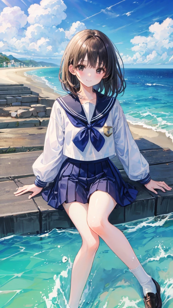 ((最high quality, 8K, masterpiece: 1.3, Ultra HD, high quality, 最high quality, High resolution, realism)) 、Very beautiful 18 year old Japanese schoolgirl、I'm wearing a sailor suit、Wearing a navy blue pleated skirt、Wear loafers、Hair is light brown、black eye、Medium Hair、Straight hair、smile、sit on a high breakwater on the beach、The blue sky is beautiful、There is a road in front of the breakwater....、The sea is beautiful、Beautiful horizon、 An island is visible offshore、Entering the clouds above the horizon、Island Lighthouse