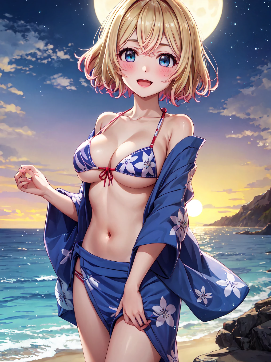 Masterpiece ,best quality , high resolution , ultra detail , colorful , (1 girl solo:1.3 ) , (mami , short hair , blonde hair , blue eyes , make up) , (big breast:1.06) , (cleavage:1.08) , (  wear yukata , bikini , navel , belly) , (standing , cowboy_shot) , (outdoor , ocean,  sea , beach , night , sky , moonlight ) , ( full face blush , shy , smile , open mouth  ) , (face viewer , look at the viewer )