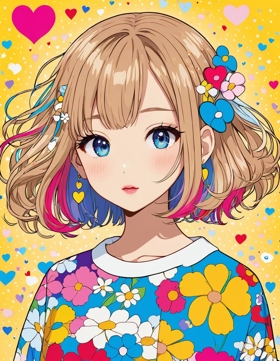 Masterpiece Golden Ratio Takashi Murakami style, Simple line initials,Abstract art,Kawaii Design, The most beautiful girl of all time,Bob hair background is stardust, Colorful Hearts logo