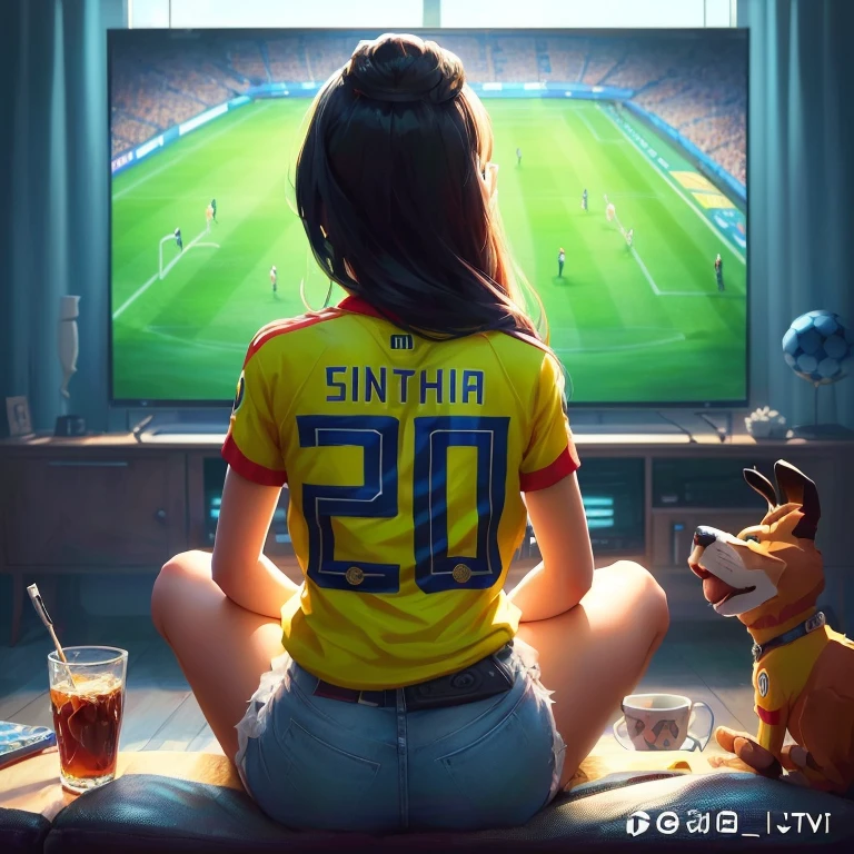 Arafed woman sitting in front of a television watching a football match., 3d realistic anime style, in the style of atey ghailan, 3d realistic style, 🪔 🎨;🌞🌄, 🇺🇦, 😃😀😄☺🙃😉😗, Official Fan Art, official fan art, in the style of Disney animation, in the world cup, fan art with name Ali number 10