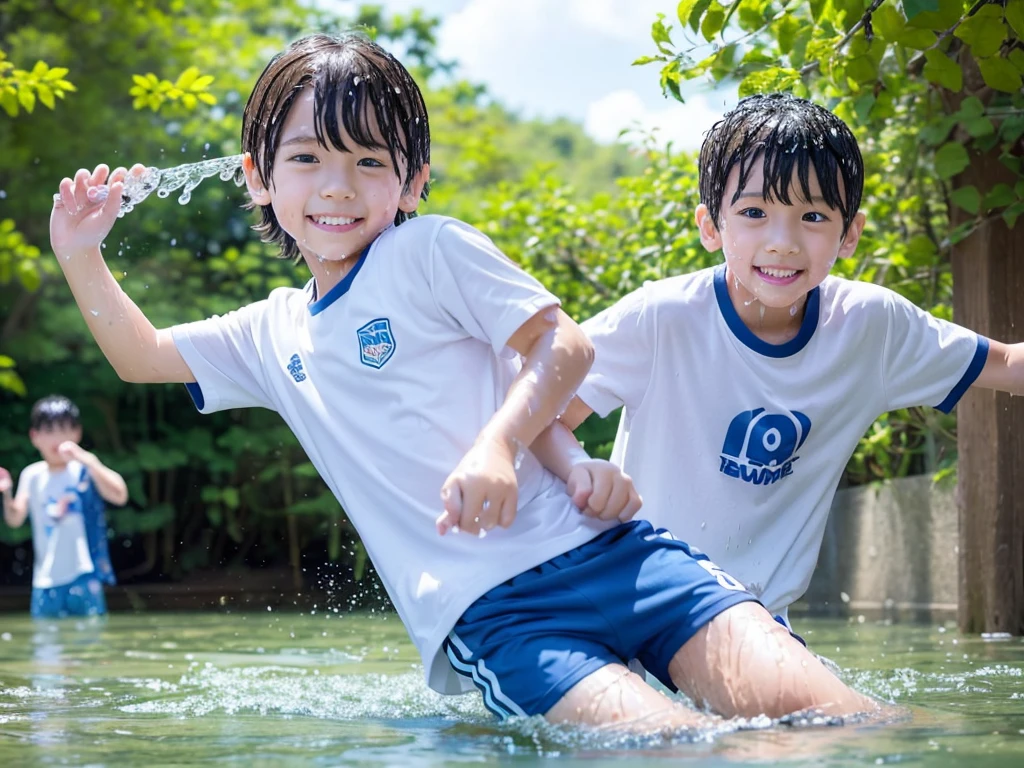 In the forest、Swimming in the river、Cool and refreshing water、e eleYear old boy、Boy in gym clothes、The bottom of the white T-shirt is blue、Blue shorts、The boys are playing、Get wet all over、Noisy boys、Splashing Water、Japanese、（Boy 1.4）