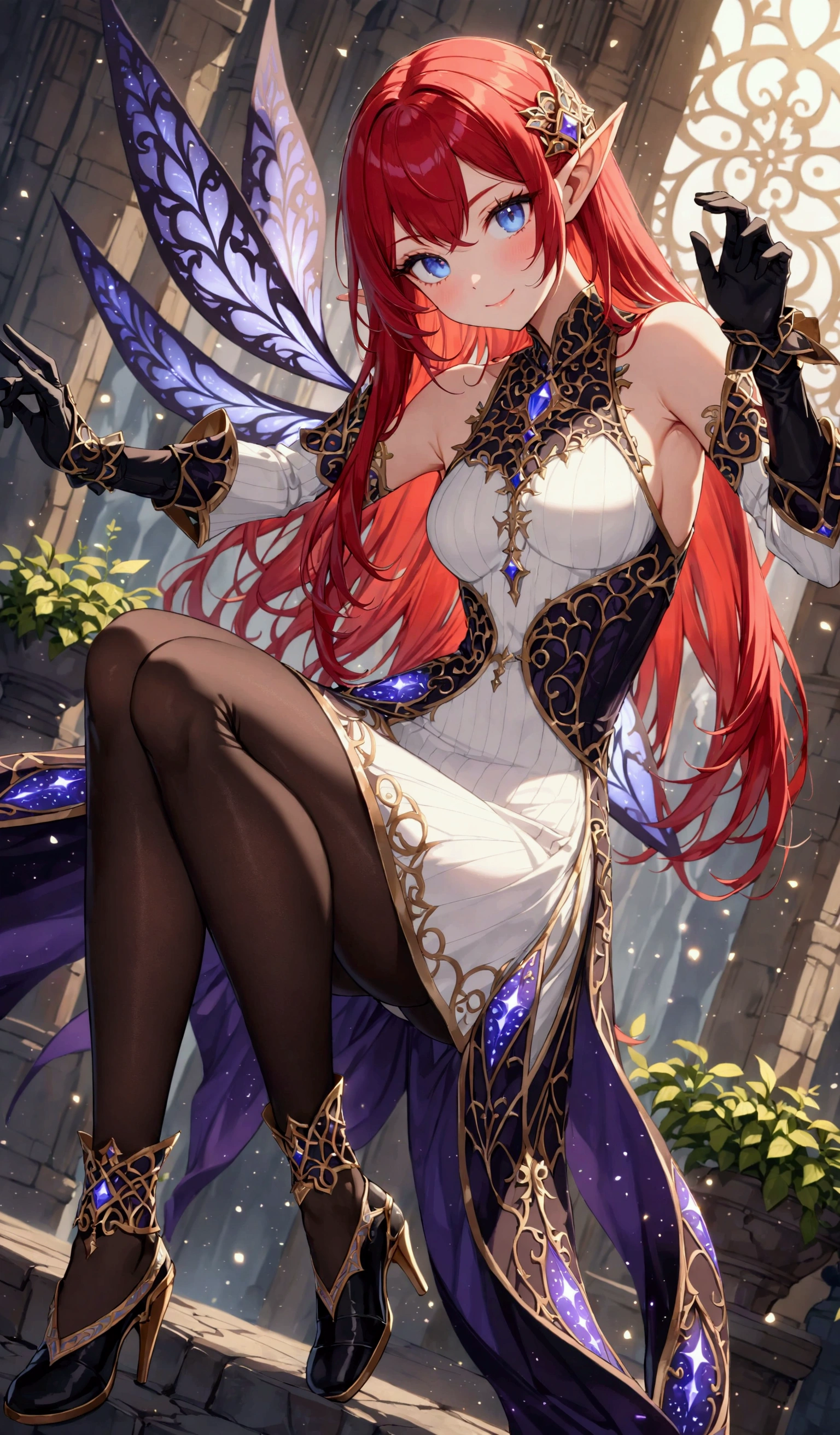 red hair girl, masterpiece, best quality, very aesthetic, absurdres,newest, anime style, seductive smile, long hair, straight hair, HairDetailer, (sleeveless sweater black and white full body ethereal mage dress armor with black gloves:1.3)), (((Beautifully decorated costumes that are intricate and delicate.:1.4))), (mini skirt), (White accessories:1.3), (hair ornament:1.3), ((perfect curves)), (puffy breasts), (shiny skin, skinny, slender body:1.4), (glows deep sapphire blue eyes:1.2), (gradient eyes:1.2), (symmetrical eyes:1.2), (big highlight on eyes:1.3), strong eyeliner and eyelashes, BeautifulEye, black leggings under shorts, slim waist, navel, dynamic angle, stylish pose, GoodHands, (monster girl), delicate, pure, mystical, intricate, surreal, elf, Cute, Adorable, intricate, Add Detail,