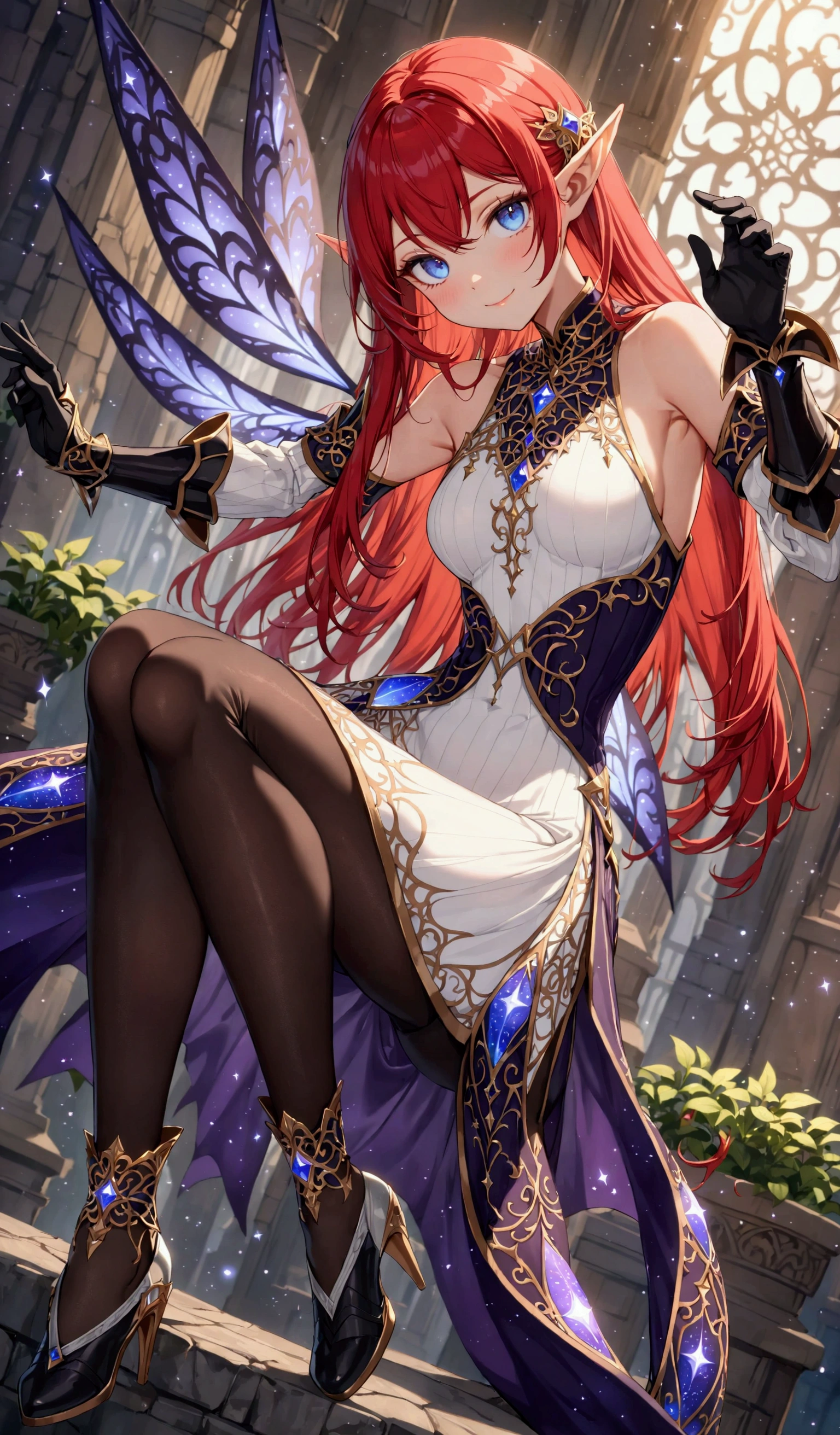 red hair girl, masterpiece, best quality, very aesthetic, absurdres,newest, anime style, seductive smile, long hair, straight hair, HairDetailer, (sleeveless sweater black and white full body ethereal mage dress armor with black gloves:1.3)), (((Beautifully decorated costumes that are intricate and delicate.:1.4))), (mini skirt), (White accessories:1.3), (hair ornament:1.3), ((perfect curves)), (puffy breasts), (shiny skin, skinny, slender body:1.4), (glows deep sapphire blue eyes:1.2), (gradient eyes:1.2), (symmetrical eyes:1.2), (big highlight on eyes:1.3), strong eyeliner and eyelashes, BeautifulEye, black leggings under shorts, slim waist, navel, dynamic angle, stylish pose, GoodHands, (monster girl), delicate, pure, mystical, intricate, surreal,  elf, Cute, Adorable, intricate, Add Detail, 