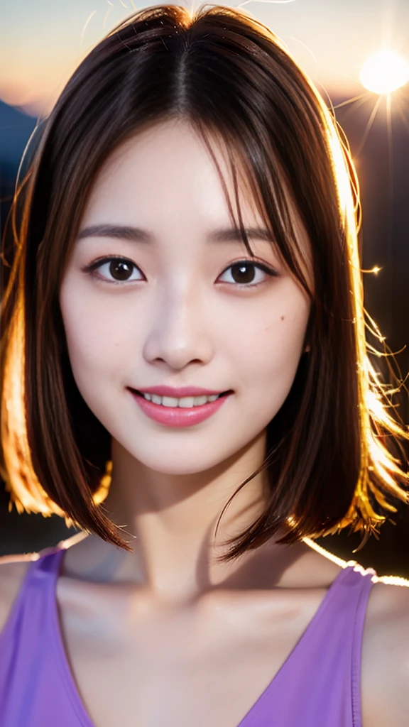 1 Girl, 23 years old, south korea, masterpiece, Perfect Face, Soft Skin, Freckles under the eyes, Short brown hair, Beaver, Glowing purple eyes, Red eyeliner, Red lips, smile, Mouth closed, Natural Makeup, White top, sunset, Soft lighting, close.