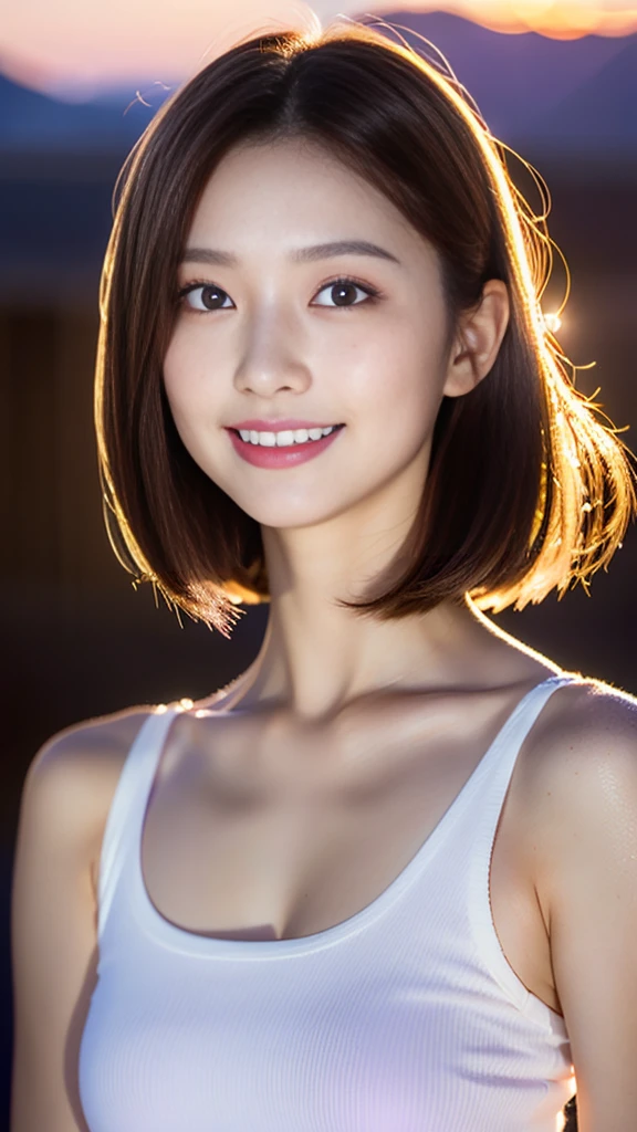 1 Girl, 23 years old, south korea, masterpiece, Perfect Face, Soft Skin, Freckles under the eyes, Short brown hair, Beaver, Glowing purple eyes, Red eyeliner, Red lips, smile, Mouth closed, Natural Makeup, White top, sunset, Soft lighting,  close.