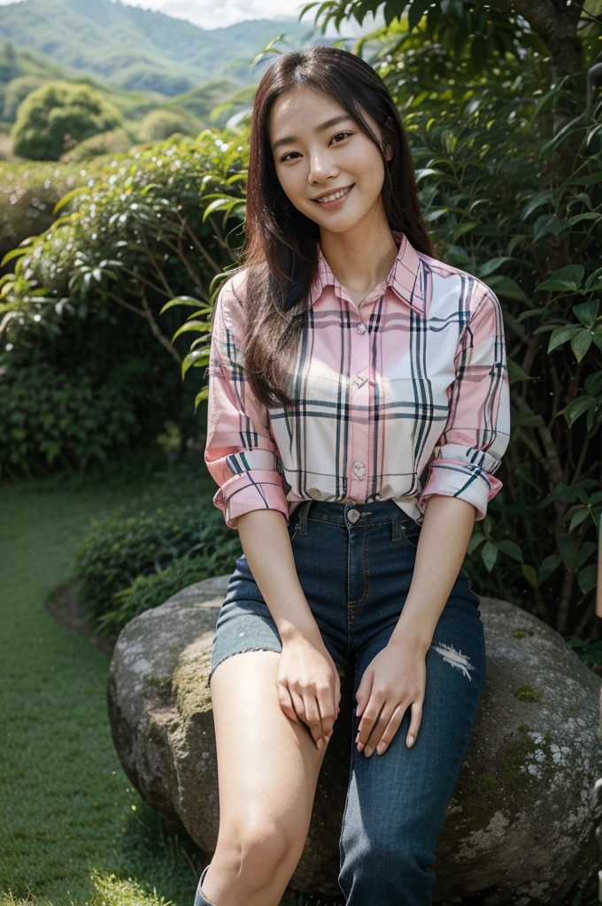 a beautiful Korean woman wearing a pink and black tartan patterned shirt, black jeans, grace, smiling calm face, sitting on the green grass under a big tree among tall tea plants in the background of a green tea garden, and green mountains, clear skies, realistis HD 8K