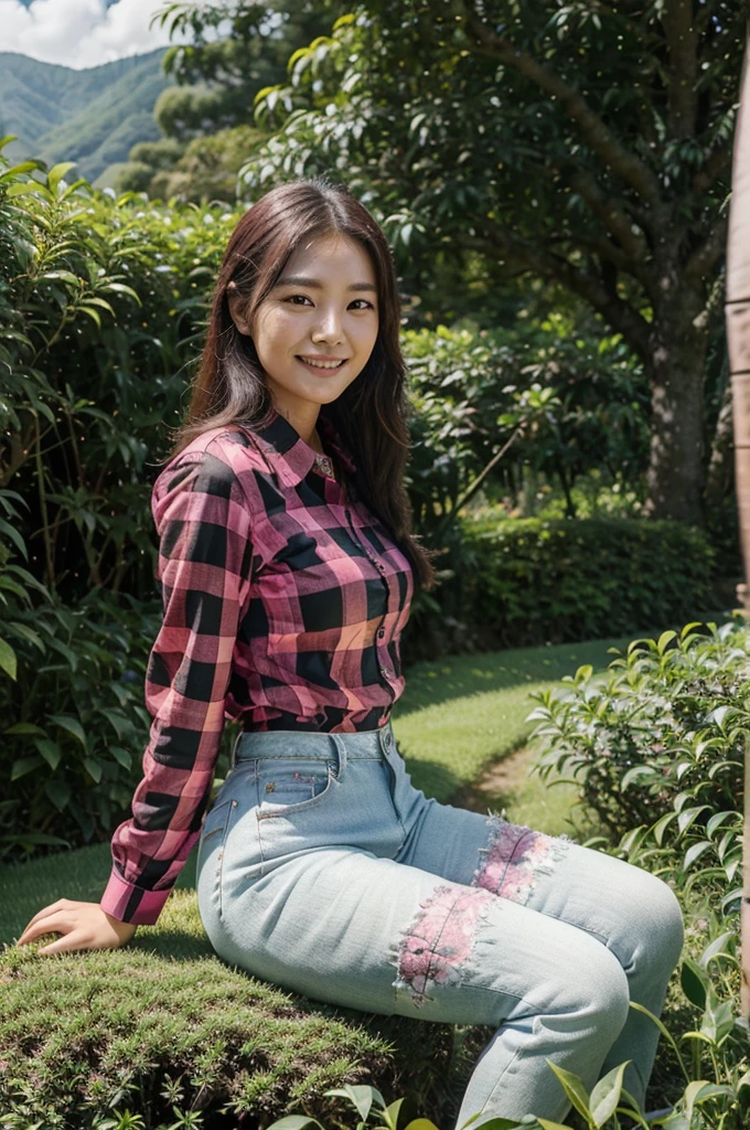 a beautiful Korean woman wearing a pink and black tartan patterned shirt, black jeans, grace, smiling calm face, sitting on the green grass under a big tree among tall tea plants in the background of a green tea garden, and green mountains, clear skies, realistis HD 8K