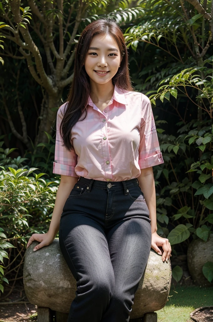 a beautiful Korean woman wearing a pink and black tartan patterned shirt, black jeans, grace, smiling calm face, sitting on the green grass under a big tree among tall tea plants in the background of a green tea garden, and green mountains, clear skies, realistis HD 8K