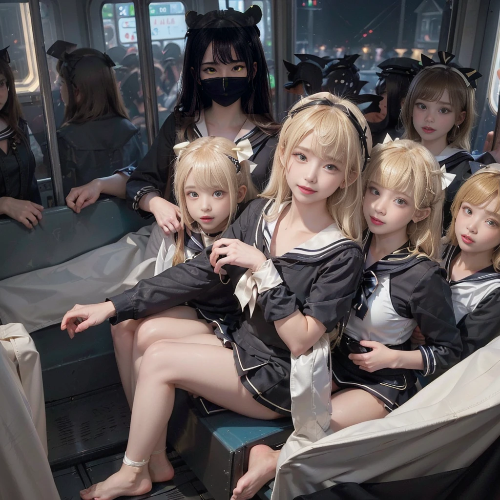 8K resolution, Surreal, Very detailed, high quality, Perfect Anatomy, Perfect Proportions, masterpiece, Browsing Caution++,
((((((A Group photo in crowded train at night, 6 Girls, Group photo)))))),
(((((Black face mask, Sailor collar, Sailor suit, race, Micro Mini Skirt, ribbon))))),
((((Happy, Grin, Detailed face)))),
((((Blonde, Bleached hair)))), (((Impossible chest))),
(((Shiny, oily skin, Detailed skin))),
(((Tight clothing, thigh, barefoot))), View your viewers