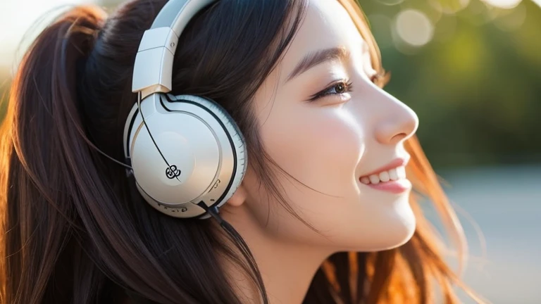 Beautiful woman who enjoys listening to music.