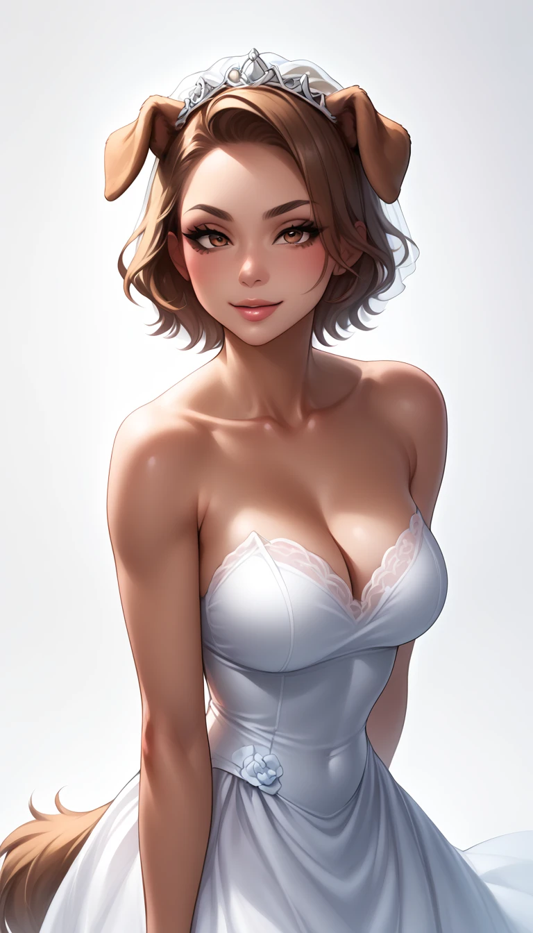 score_9, score_8_up, score_7_up, 1girl, solo,
short hair, glowing brown eyes, curved ram horns, (hanging dog ears, dog tail), tanned skin, demoness, (dog:1.2),
monochromatic, eerie atmosphere,
(wedding dress), seductive, stark white background