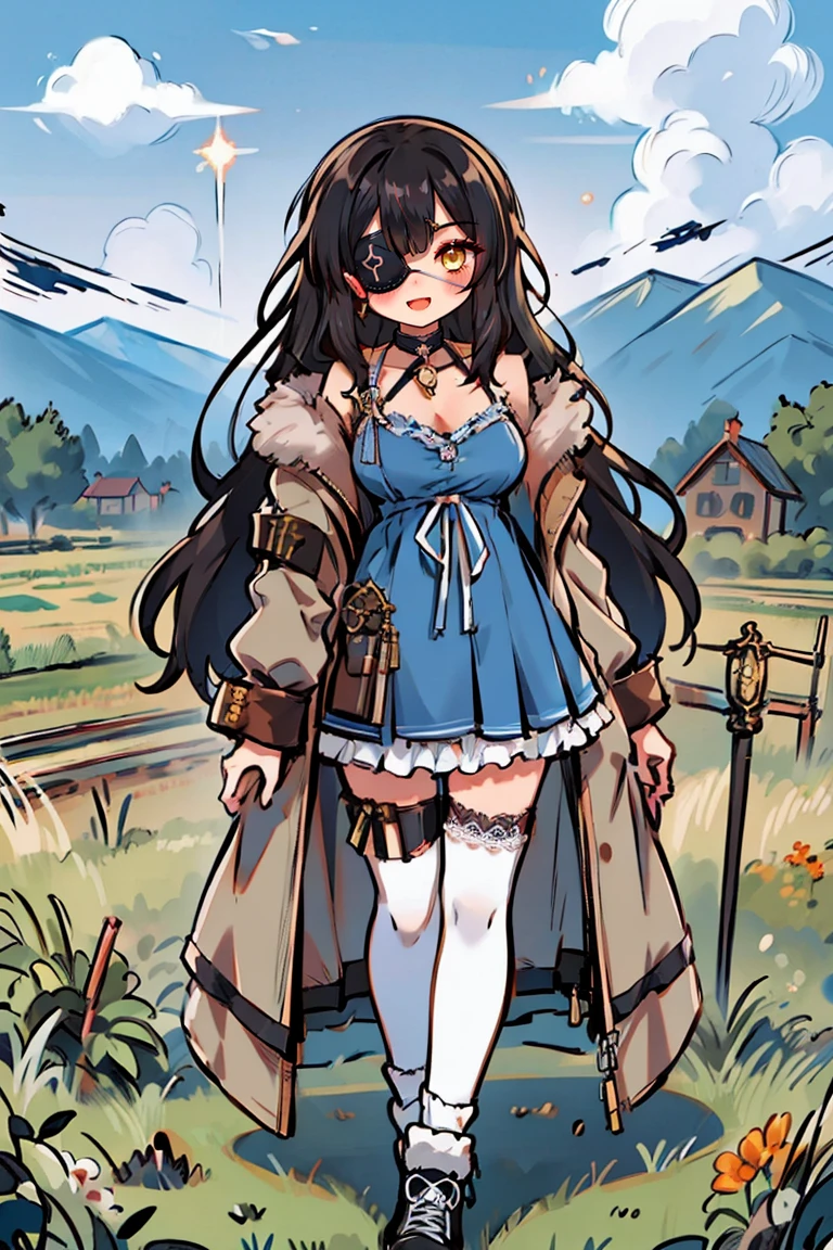 (masterpiece:1.2), (high quality:1.2), hui xiyi, rekkyo sensen, rekkyou sensen, (full body:1.45), solo focus, girls with(((eyepatch, medical eyepatch, bangs,medium breasts, breasts, choker, cleavage, collar, collarbone, blue clothes, frills shirt, cowboy shot, dress, lace dress, frills, fur, fur collar, fur trim, khaki jacket, khaki hoodie, hooded jacket, hoodie, jacket, large breasts, long sleeves, belt, suspenders, open clothes, open hoodie, sleeveless, solo, winter clothes, zipper, (strap shoes, black shoes, exposed legs, exposed foots, left legwear, white legwear:1.67), (long wavy hair, one side up:1.4))), background with ((architecture, blue sky, bush, castle, village, no humans, cloud, cloudy sky, day, fence, field, garden, grass, hill, house, lamppost, landscape, mountain, mountainous horizon, nature, no humans, outdoors, scenery, shrine, sky, tower))