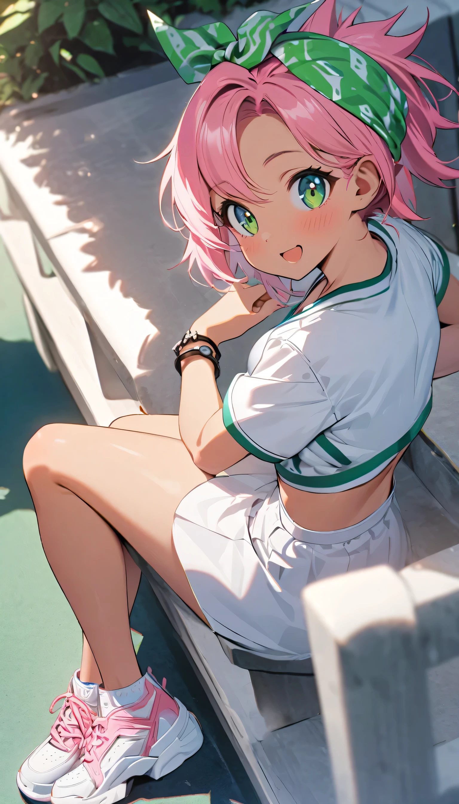 " girl with short spiky pink hair and vibrant green eyes,Sun-kissed skin, athletic build. Wearing a white skirt, white blazer, ,and sneakers,leather bracelet, a bandana on her head,Lively and adventurous expression,