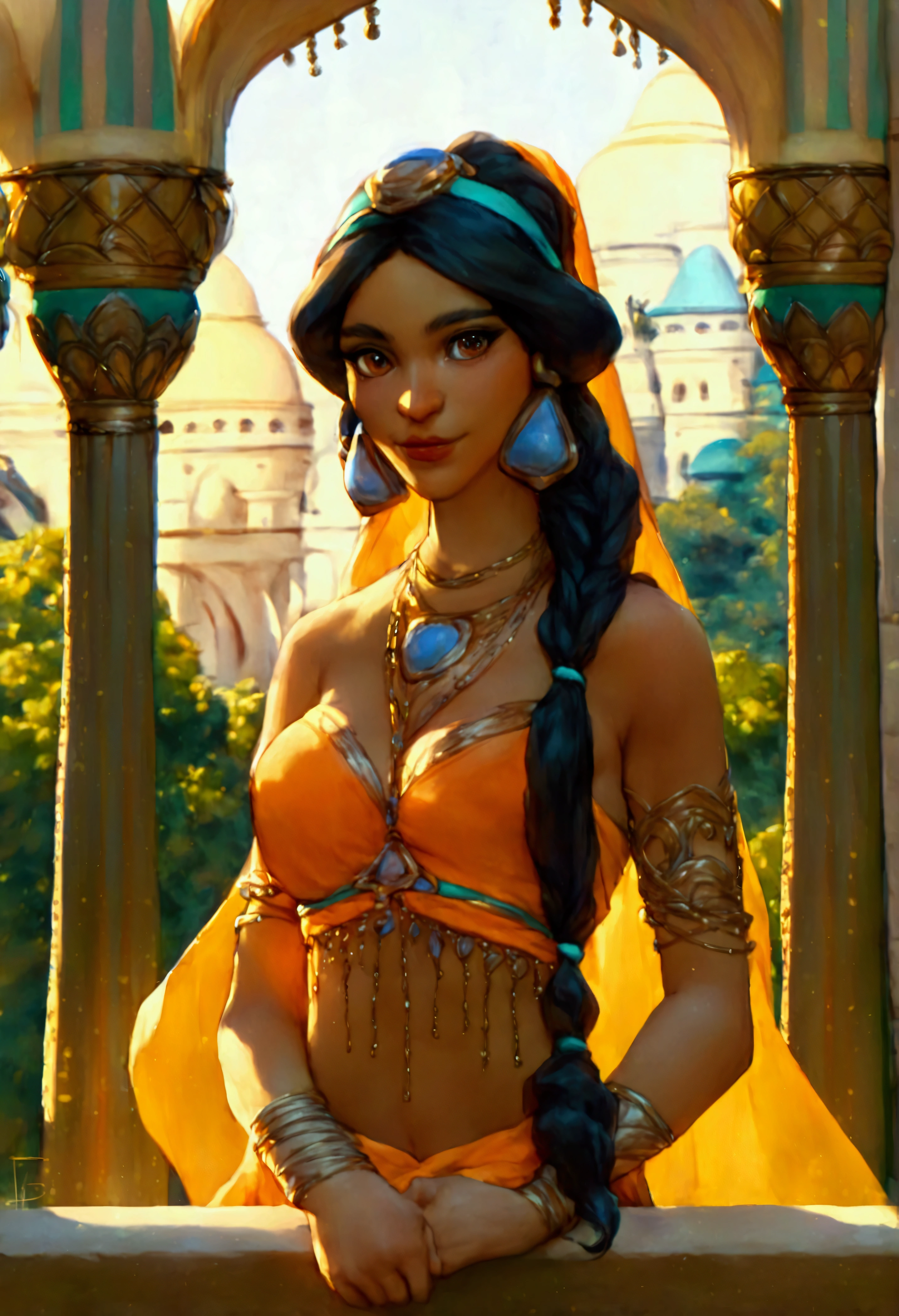 score_9, score_8_up, score_7_up, (solo close-up of Princess Jasmine:1.5) in (dynamic pose:1.0) on balcony of (Arabian palace:1.2), dark-skinned (gentle:1.1) beauty, light orange clothes, ornate columns, (starlit romantic night:1.3), (architecture with intricate design and verdant vegetation:1.1), bright colors, (cartoon artstyle with bold lines:1.3), (warm ambient:1.2), rating_safe.