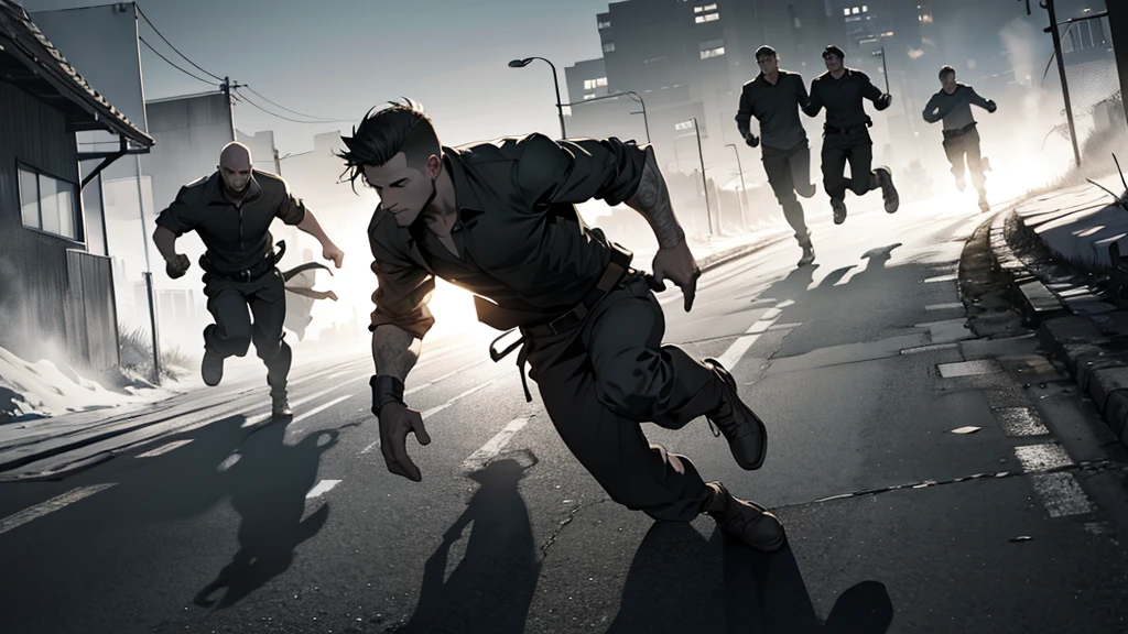 Image to be used as background, all stained and textured in gray tones with the shadow of some men running