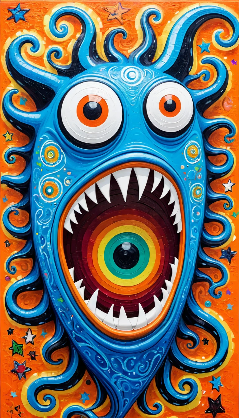 Children's graffiti,Thick coating,Concave and convex texture,Oil pastel strokes:Long Tongue Monster、house、flowesh、Tentacles、bird、Eye、diatom,Abstract mosaic painting,Describing the inner world of autistic people,Sense of space,White Space,interesting,Innocence,Psychedelic Art,Orange overall,Incorporating Picasso's artistic style,Geometric frame