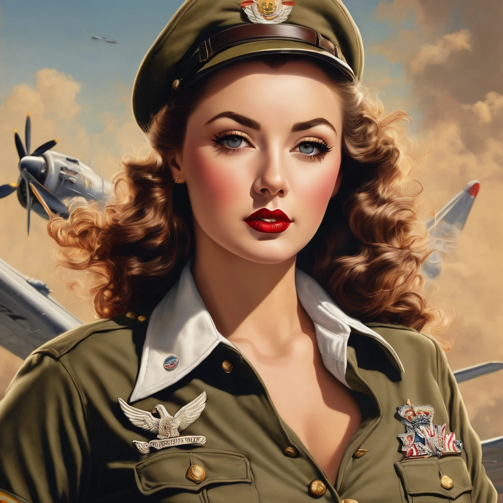 NOSE ART, A BEAUTIFUL world war 40'S PIN UP in uniform, INTRICATE DETAILS, HYPER-REALISTIC, VARGAS, NO BACKGROUND, SHIRT DESIGN,