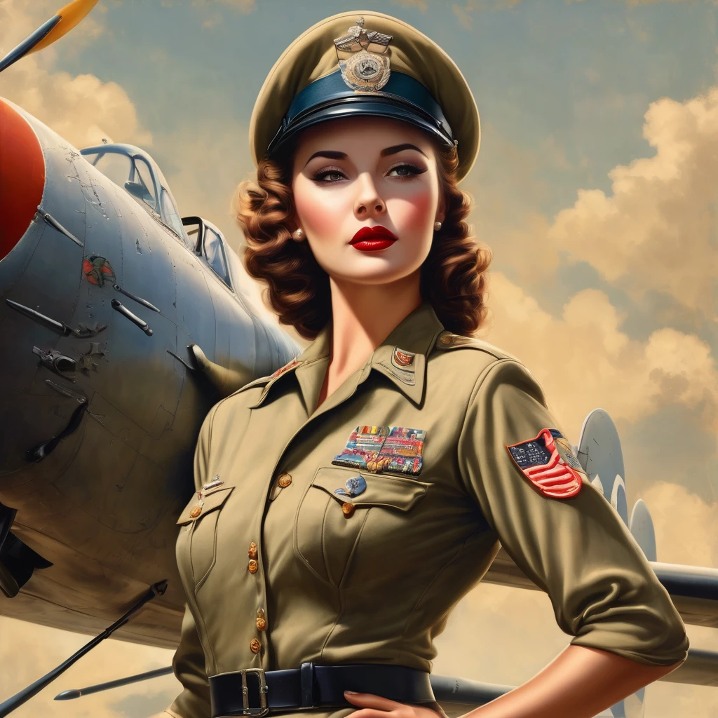 NOSE ART, A BEAUTIFUL world war 40'S PIN UP in uniform, INTRICATE DETAILS, HYPER-REALISTIC, VARGAS, NO BACKGROUND, SHIRT DESIGN, 