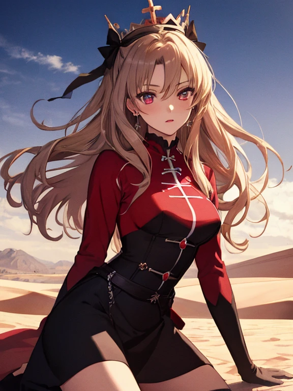 desert, Queen, princess, crown, Queen, (masterpiece), highest quality, Tohsaka Rin, 1girl, uhd, retina, masterpiece, ccurate, anatomically correct, textured skin, super detail, high details, high quality, best quality, highres, 4K