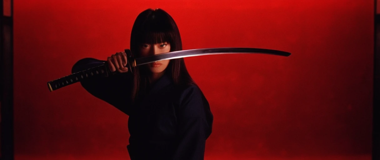 cinematic film still of  Cinematic film image of 1 silhouette woman is doing a kendo style with katana on a red background,1girl,long hair,long sleeves, standing,pants,red background,slashing,red theme , right part of the picture, Kodak film grain, dramatic light, dramatic shadow light, contrast, saturated color, cinematic, filmic, motion picture, realistic, realism, perfection, perfect, deep focus, clean image, Kill Bill style, Kill Bill Film Style, shallow depth of field, vignette, highly detailed, high budget, bokeh, cinemascope, moody, epic, gorgeous, film grain, grainy