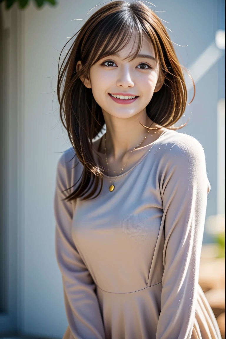 (Highly realistic photo, high resolution, detailed face, fine eyes), shot in front of a white wall, Japanese woman, 40 years old, various expressions, one person: 1, slim figure, various hairstyles, bold outfit, alone in the photo, long sleeve dress, shot in natural light, simple necklace, summer clothes, not looking at the camera, profile, dark brown hair color, refreshing smile