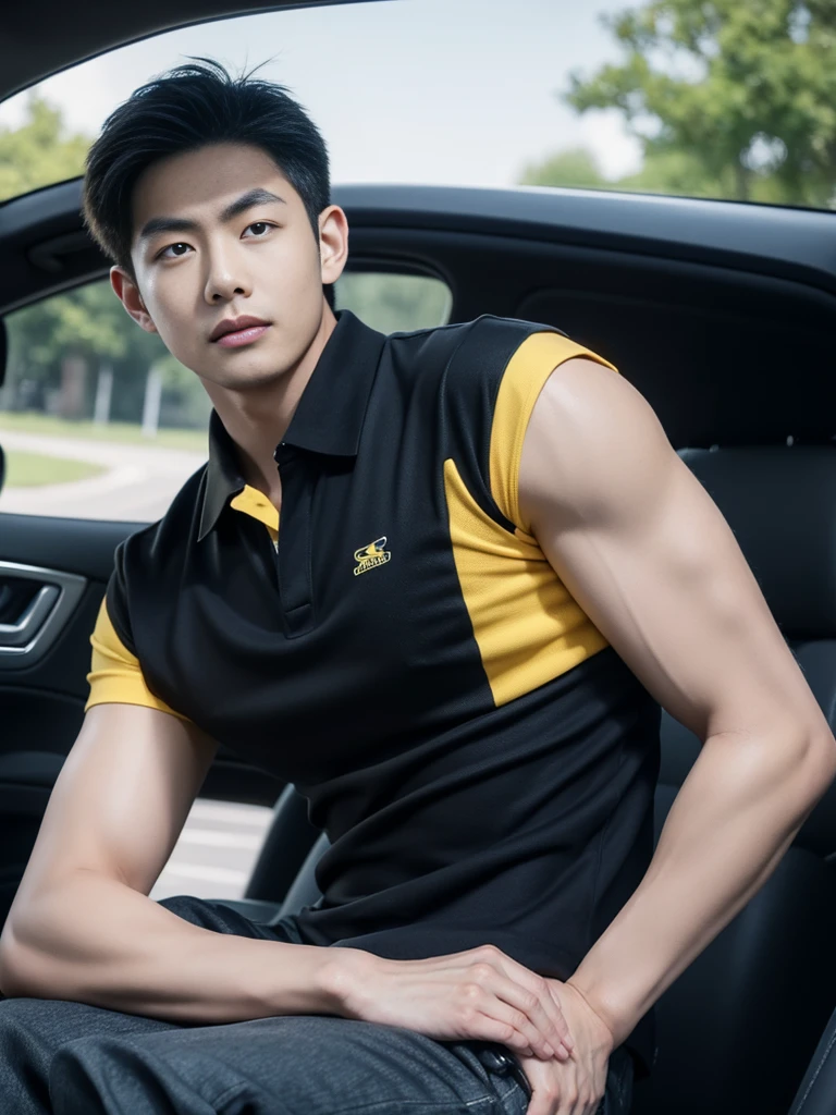 A handsome, muscular young Asian man looks at the camera. In a simple polo shirt black and yellow , car sunlight, 