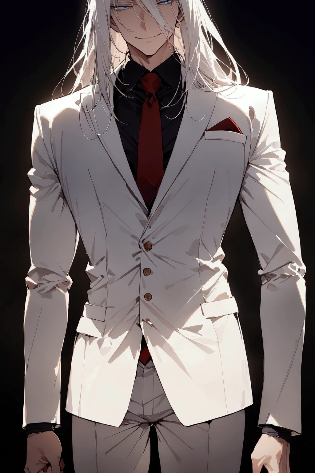 ((masterpiece)), ((best quality)), (from front, facing front:1.32), (close-up:1.36), (half-body shot:1.36), perfect anatomy, 1man solo, adult man, extremely long straight white hair, blue eyes, white suit, red tie, weak smile, lighting from front