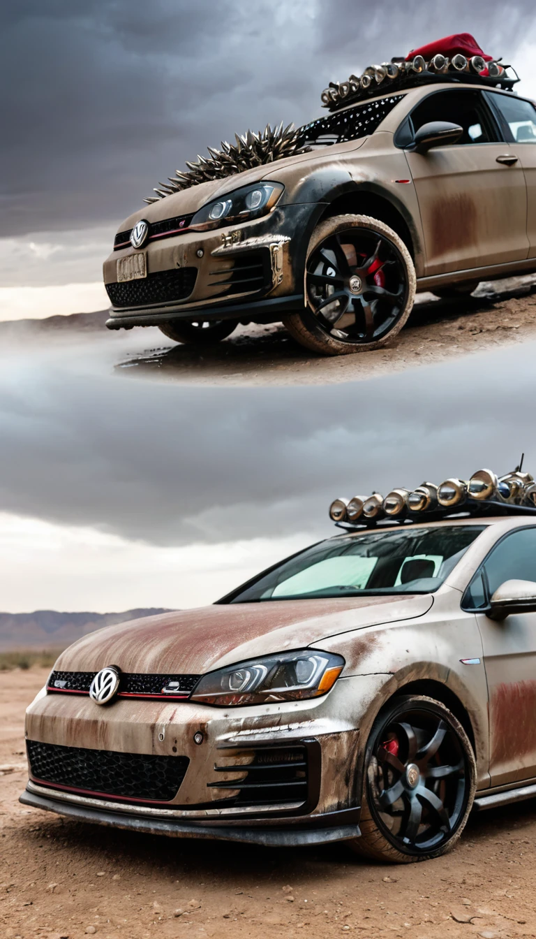 Photograph of a Volkswagen Golf GTI 7th generation transformed in the style of Mad Max, covered with metallic spikes. The car should have a rugged, post-apocalyptic look, with reinforced armor, weathered paint, and dust-covered surfaces. The background should be a barren wasteland, with a dramatic, stormy sky.