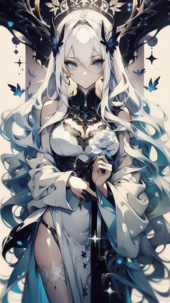 ((masterpiece, best quality)), Delicate face,Dragon Girl,Full body painting,Perfect body proportions,Long legs,((Long wavy hair)), ((Half of her hair is white,The other half is black,Available in two colors)),beautiful eyes,Fantasy style,White background,Extremely beautiful,knight,Rose,transparent,Sexy bikini,Lace,Garter,exposed